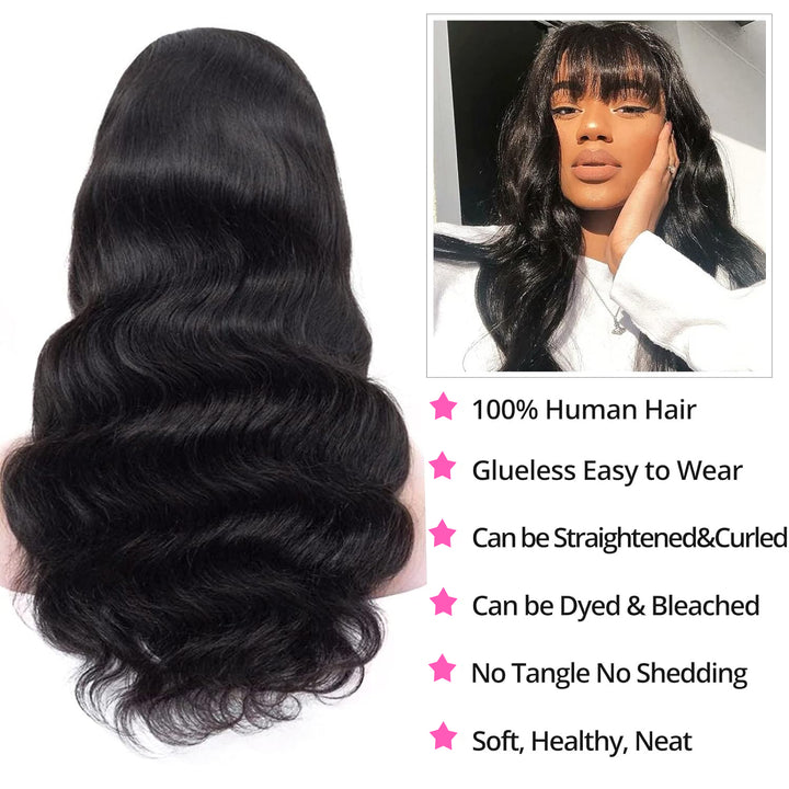 Dorsanee Natural Black Body Wave Machine Made Wig With Bangs 100% Human Hair Wig