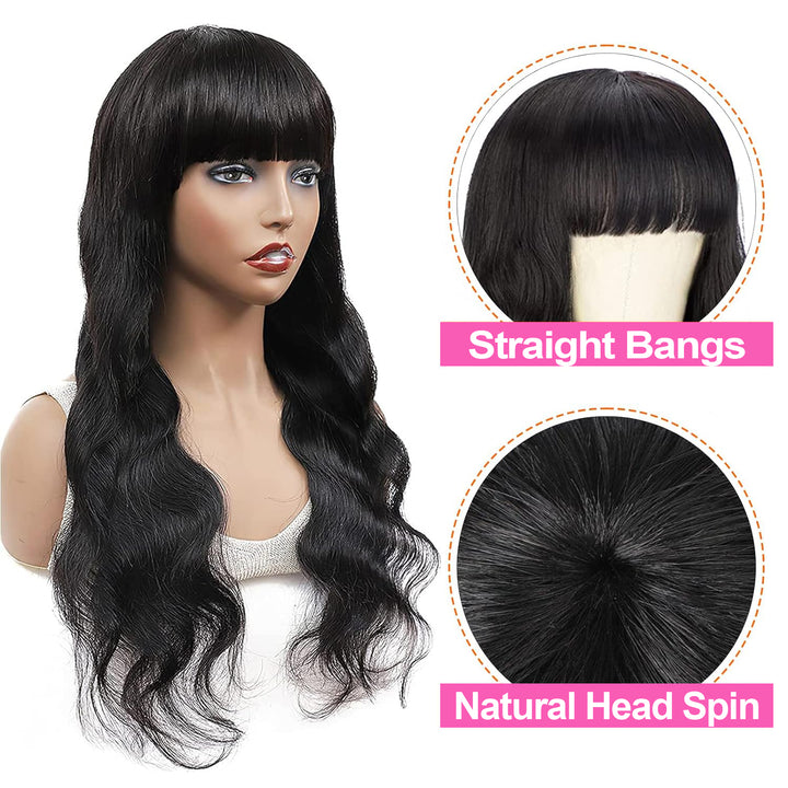 Dorsanee Natural Black Body Wave Machine Made Wig With Bangs 100% Human Hair Wig