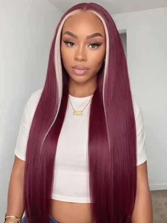 Dorsanee Burgundy 99J Red Wig with Blonde Skunk Stripe 13x4 Lace Front Straight Human Hair Wigs