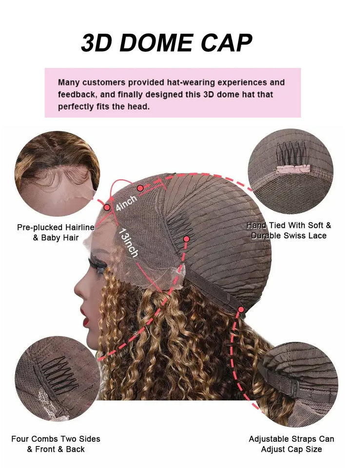 Dorsanee 250 Density Brown Highlight P4/27 Jerry Curly 13x4 HD Lace Frontal Human Hair Wigs