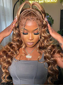 Dorsanee P4/27 Honey Blonde Brown Highlight Streaks 13×4/6×4 HD Lace Front Body Wave Human Hair Wigs