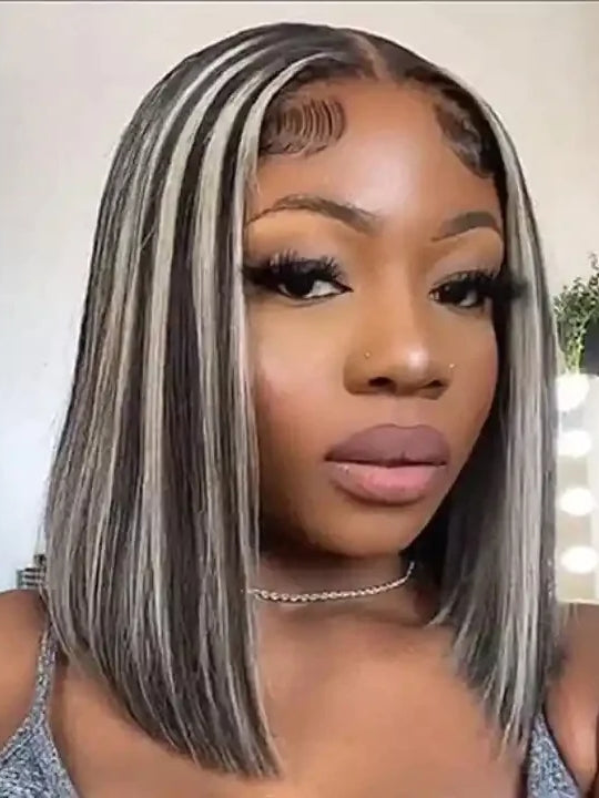 Dorsanee Salt and Pepper Straight Highlights 13x4 Lace Front Short Bob Human Hair Wig
