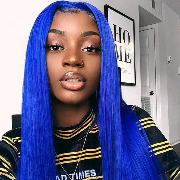 Dorsanee Hair Royal Blue Colored Straight 13x4 HD Transparent Lace Wig Natural Hairline Human Hair Wigs