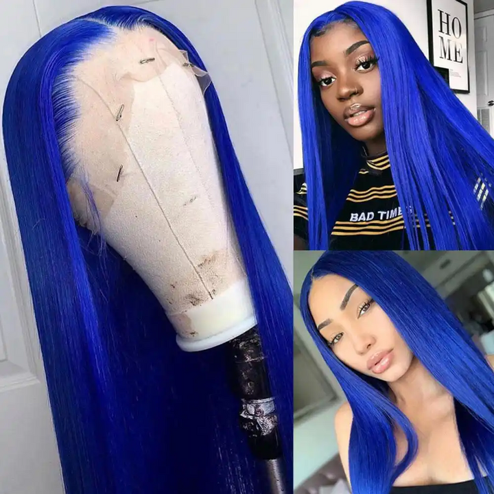 Dorsanee Hair Royal Blue Colored Straight 13x4 HD Transparent Lace Wig Natural Hairline Human Hair Wigs