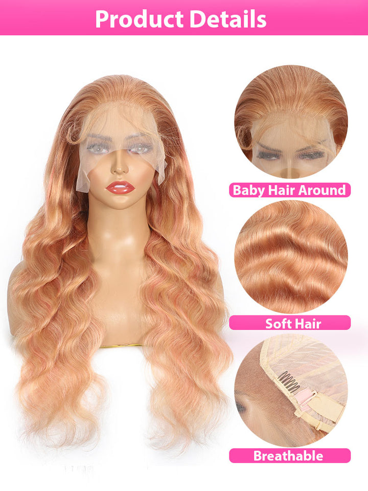 Dorsanee Milk Tea Brown With Pink Blonde Highlight 13x4 HD Lace Front Body Wave Hair Wig