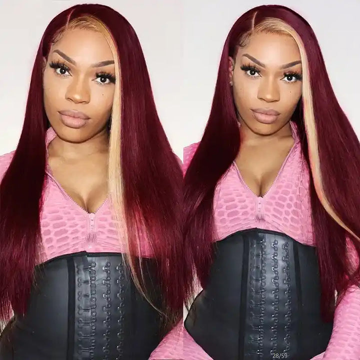 Dorsanee Hair Skunk Stripe 99j Burgundy Blonde 13x4 Lace Front Wig Straight Human Hair Wigs