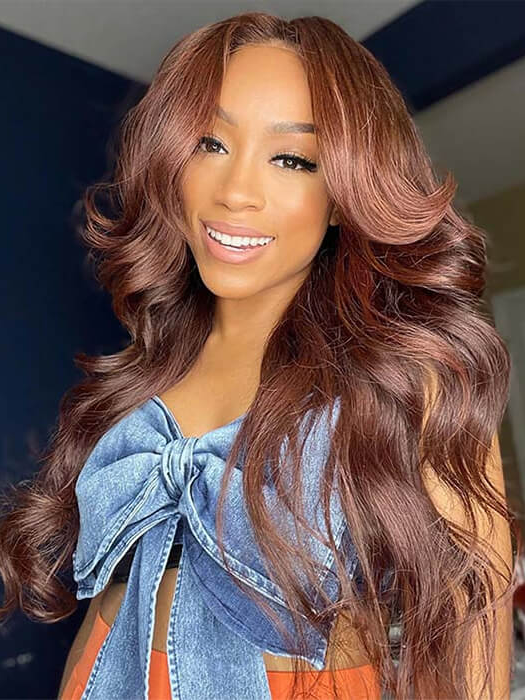Dorsanee Curtain Bangs Reddish Brown #33 Body Wave 13x4 HD Lace Front Human Hair Wig