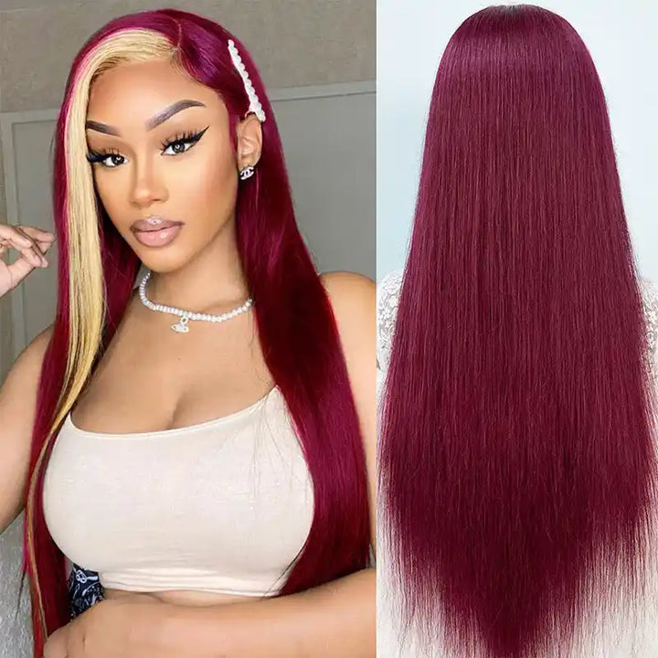 Dorsanee Hair Skunk Stripe 99j Burgundy Blonde 13x4 Lace Front Wig Straight Human Hair Wigs