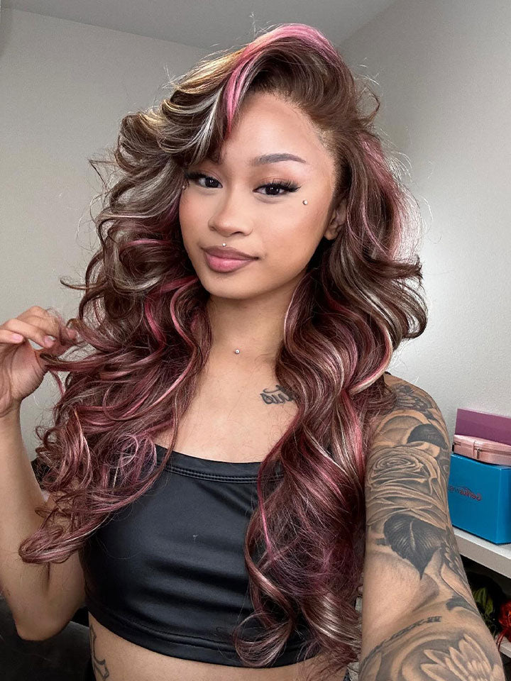 Dorsanee 13x4 Pink Skunk Stripe Ombre Blonde And Pink Highlights Body Wave Lace Wig