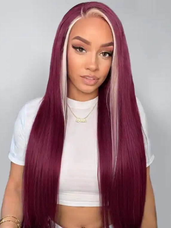 Dorsanee Burgundy 99J Red Wig with Blonde Skunk Stripe 13x4 Lace Front Straight Human Hair Wigs