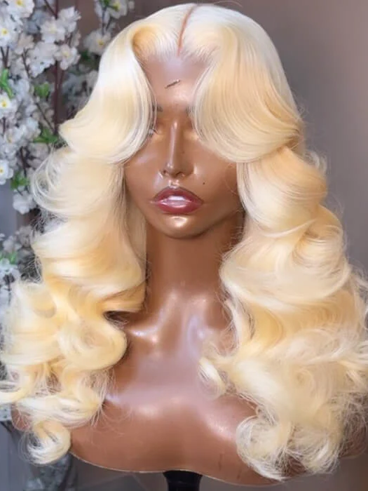 613 Blonde Curtain Bangs Body Wave Wig Pre Plucked Glueless HD Lace Human Hair Wigs