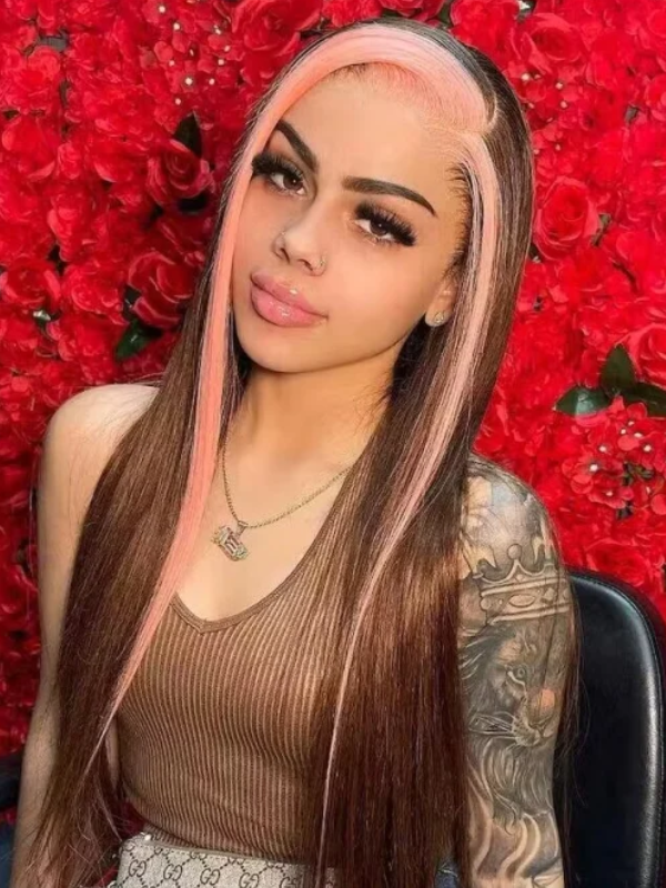 Dorsanee Brown Wig with Pink Skunk Stripe 13x4 Lace Front Straight Human Hair Wig