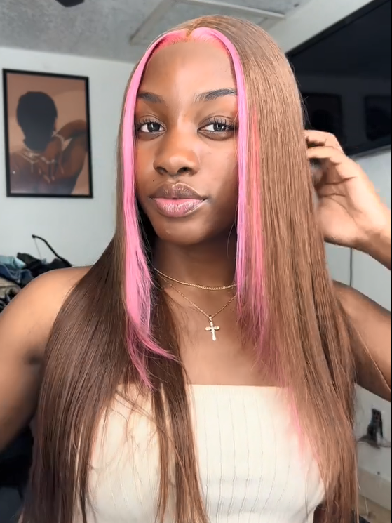 Dorsanee Brown Wig with Pink Skunk Stripe 13x4 Lace Front Straight Human Hair Wig