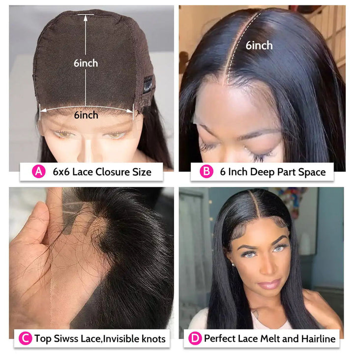 Dorsanee Hair Straight 6*6 HD Lace Closure Wig Transparent Lace Wigs Human Hair Part Lace Closure Human Hair Wigs