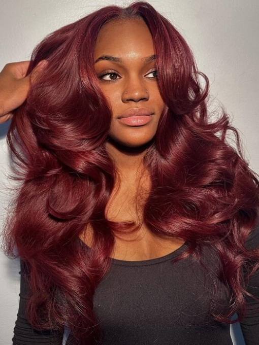 99J Burgundy Curtain Bangs Body Wave Human Hair Glueless HD Lace Wigs