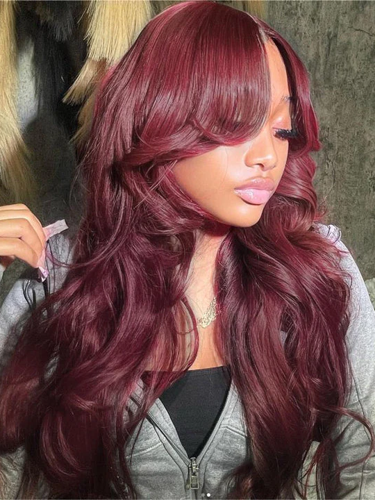 99J Burgundy Curtain Bangs Wigs Body Wave HD Lace Glueless Human Hair Wigs