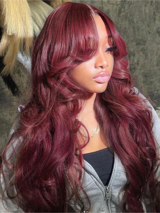 99J Burgundy Curtain Bangs Wigs Body Wave HD Lace Glueless Wigs