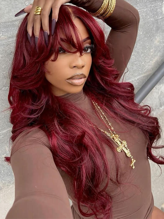 99J Burgundy Red Curtain Bangs Body Wave Wigs HD Lace Human Hair Wig