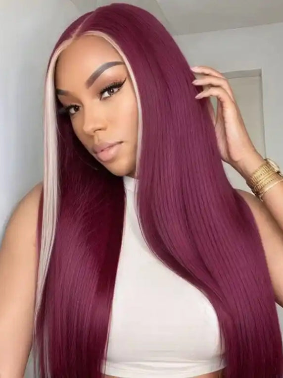 Dorsanee Burgundy 99J Red Wig with Blonde Skunk Stripe 13x4 Lace Front Straight Human Hair Wigs
