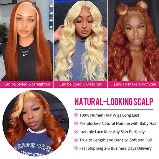 Dorsanee Hair Ginger Orange Blonde Skunk Stripe 13x4 Body Wave HD Transparent Lace Front Human Hair Wig