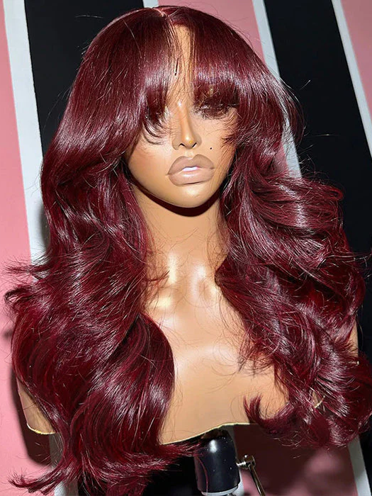 Burgundy 99J Curtain Bangs Body Wave Wig Pre Plucked 13x4 Transparent Lace Frontal Wig
