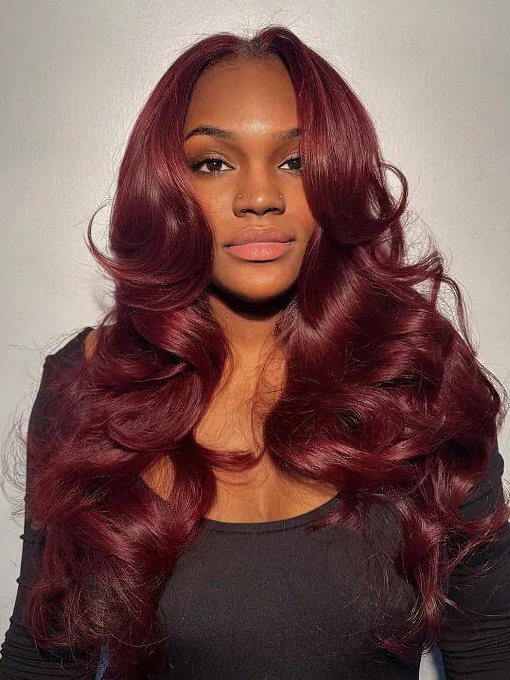 Burgundy 99J Curtain Bangs Body Wave Wig Pre Plucked Transparent Lace Frontal Wigs