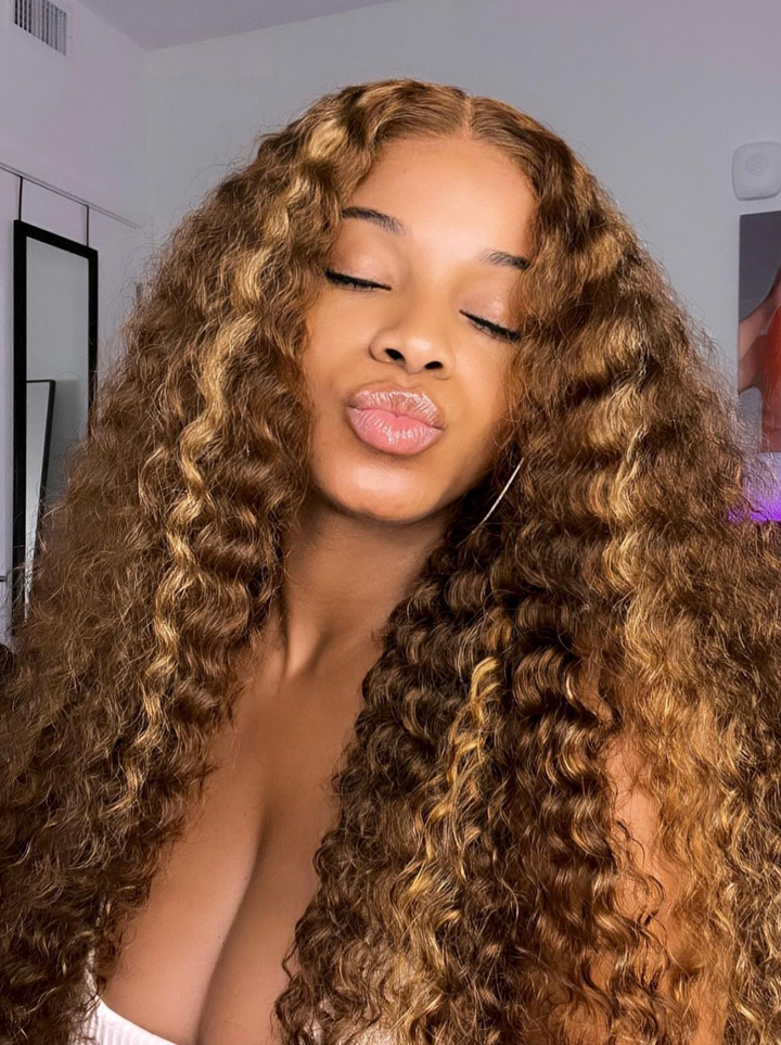 Dorsanee 250 Density Honey Blonde Brown Highlight Crimped Deep Wave Curly 13x4 Lace Front Human Hair Wigs