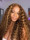 Dorsanee 250 Density Honey Blonde Brown Highlight Crimped Deep Wave Curly 13x4 Lace Front Human Hair Wigs