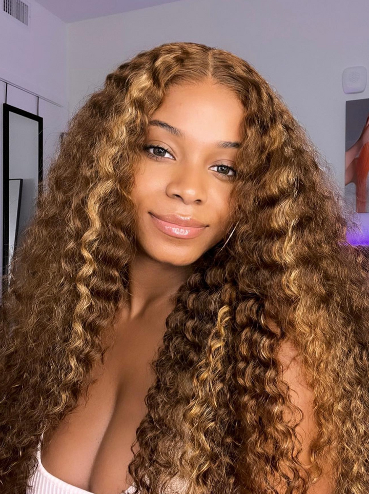 Dorsanee 250 Density Honey Blonde Brown Highlight Crimped Deep Wave Curly 13x4 Lace Front Human Hair Wigs