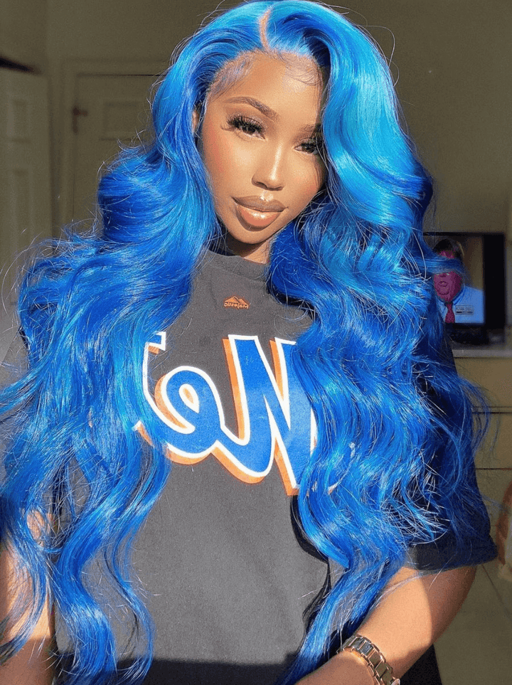 Dorsanee 200 Density Blue Color Body Wave 13X4 HD Lace Front Human Hair Wigs