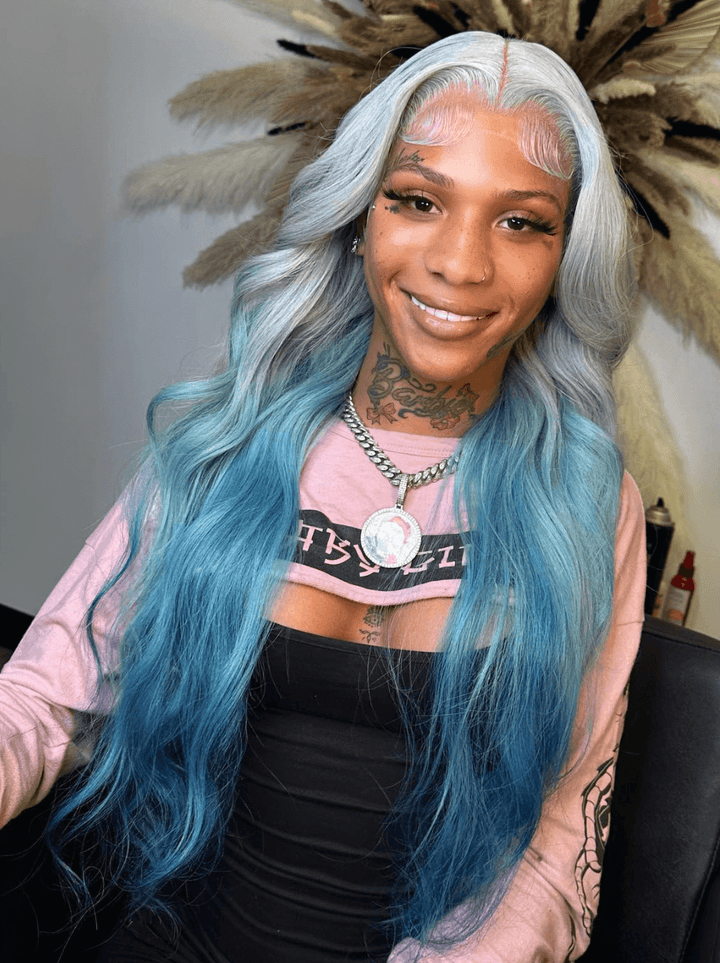 Dorsanee 200 Density Ombre Grey Blue Color 13x4 HD Lace Front Human Hair Wigs