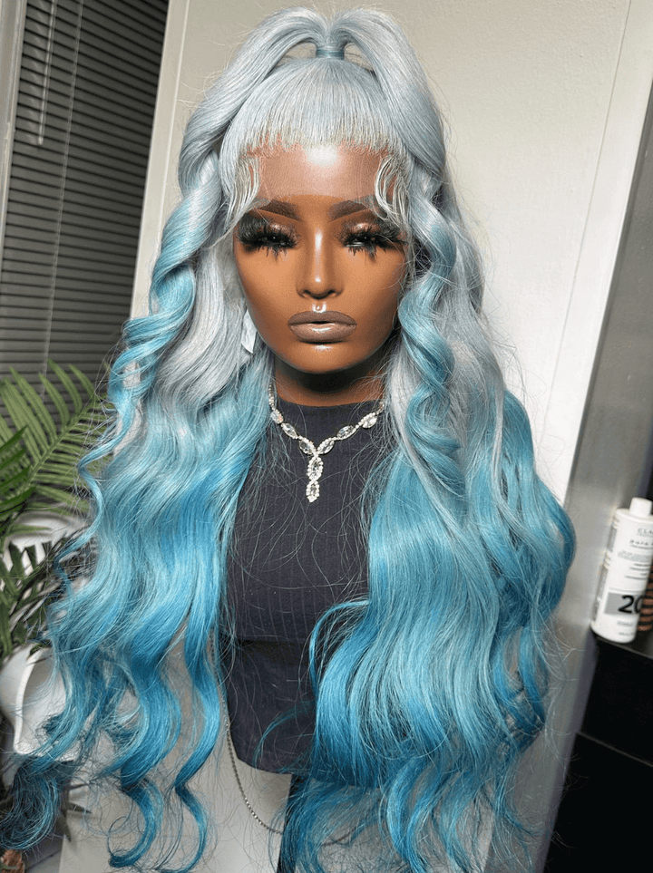 Dorsanee 200 Density Ombre Grey Blue Color 13x4 HD Lace Front Human Hair Wigs