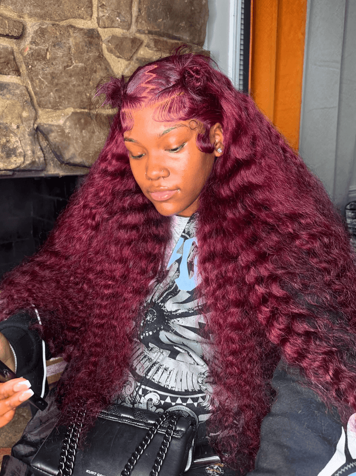 Dorsanee 250 300 Density 99J Burgundy Red Deep Curly Lace Front Human Hair Wigs