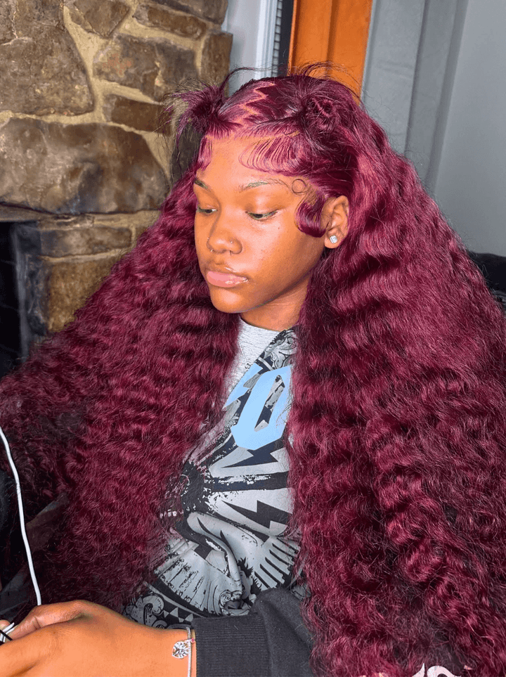 Dorsanee 250 300 Density 99J Burgundy Red Deep Curly Lace Front Human Hair Wigs