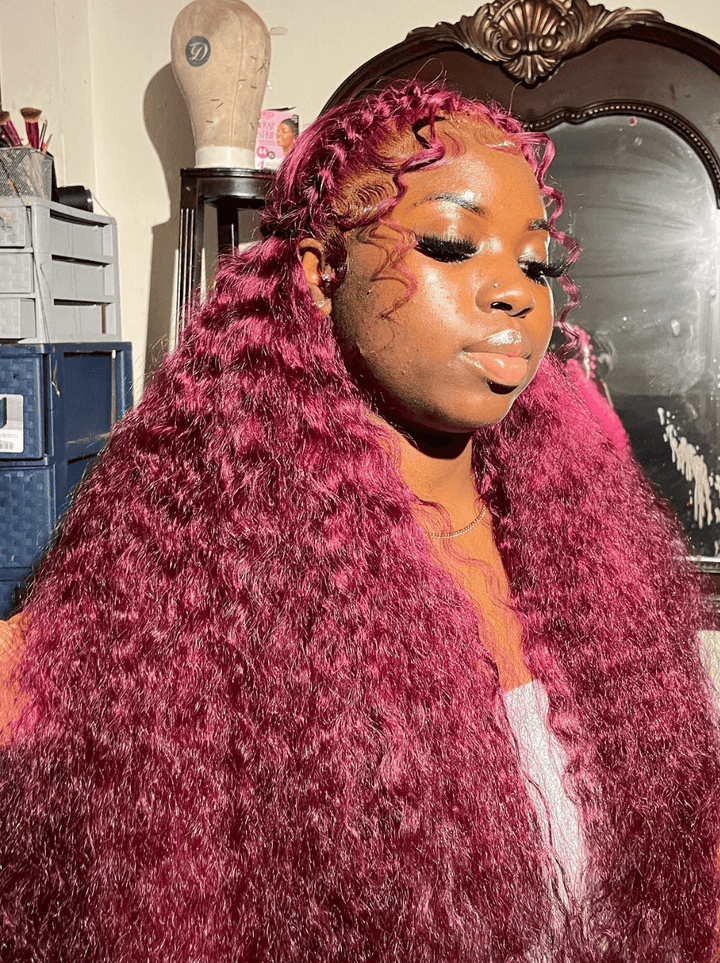 Dorsanee 250 300 Density Burgundy Red Deep Wave Curly Lace Front Human Hair Wig