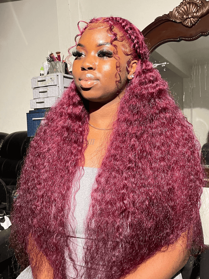 Dorsanee 250 300 Density Burgundy Red Deep Wave Curly Lace Front Human Hair Wig