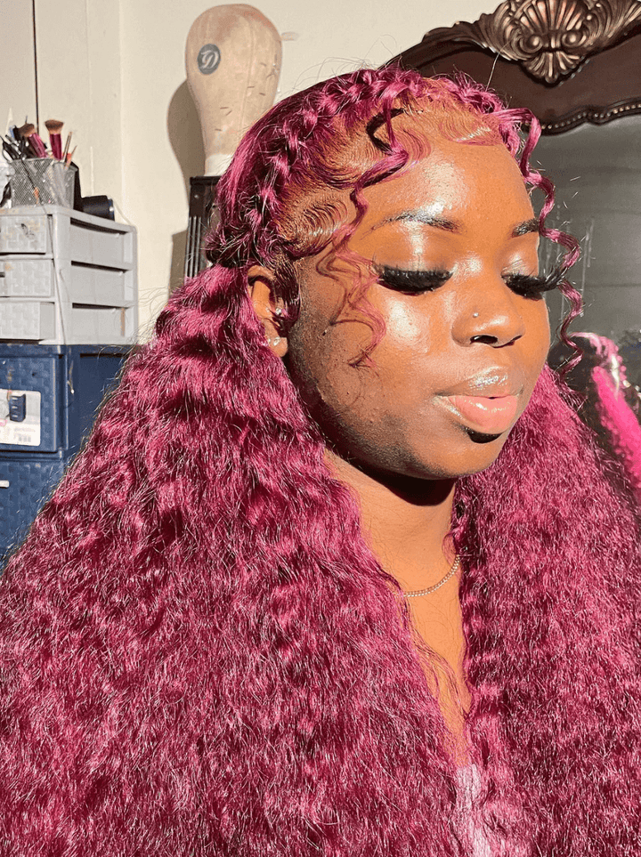 Dorsanee 250 300 Density Burgundy Red Deep Wave Curly Lace Front Human Hair Wig