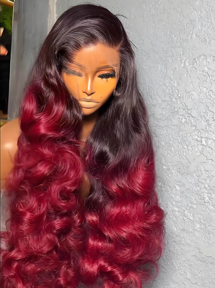 Dorsanee 250 300 Density Ombre Black Burgndy 99J Red Lace Front Human Hair Wigs