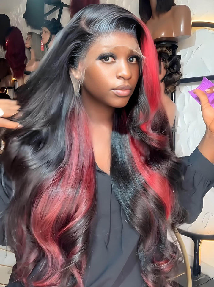 Dorsanee 30 32  inch 300 Density Black With Red Streaks Virgin Human Hair Wig