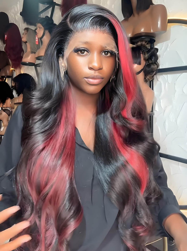 Dorsanee 30 32  inch 300 Density Black With Red Streaks Virgin Human Hair Wig