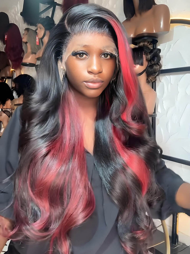 Dorsanee 30 32  inch 300 Density Black With Red Streaks Virgin Human Hair Wig
