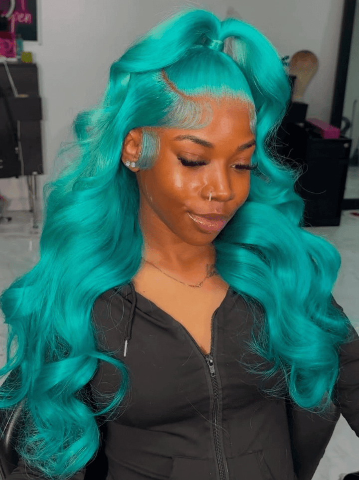 Dorsanee Aqua Cyan Blue 13X4 Transparent Lace Front Body Wave Human Hair Wigs