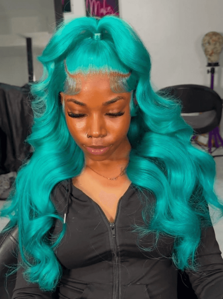 Dorsanee Aqua Cyan Blue 13X4 Transparent Lace Front Body Wave Human Hair Wigs