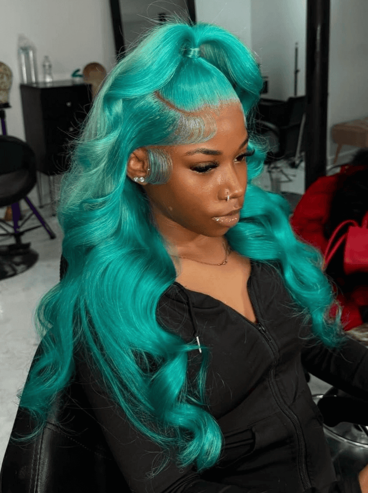 Dorsanee Aqua Cyan Blue 13X4 Transparent Lace Front Body Wave Human Hair Wigs
