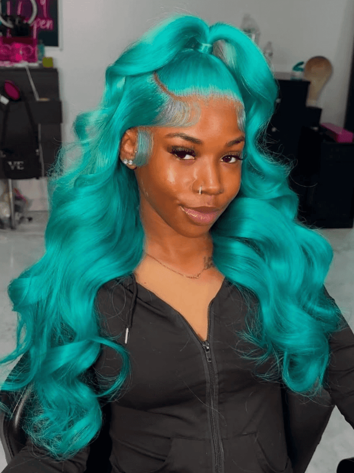 Dorsanee Aqua Cyan Blue 13X4 Transparent Lace Front Body Wave Human Hair Wigs