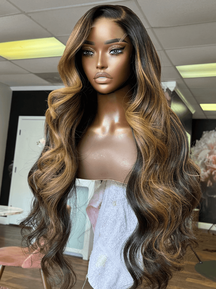 Dorsanee Balayage Black Brown Highlights Body Wave 200 Density Human Hair Wigs