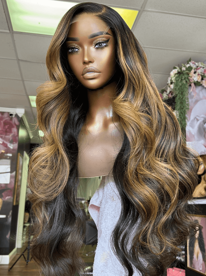 Dorsanee Balayage Black Brown Highlights Body Wave 200 Density Human Hair Wigs