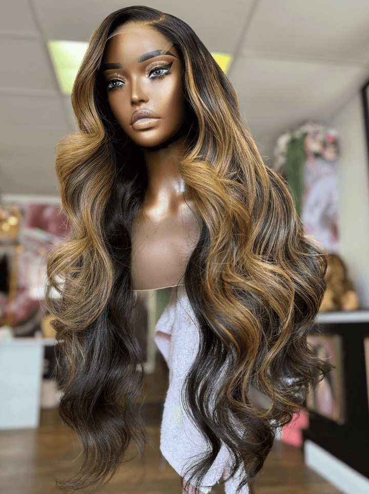 Dorsanee Balayage Black Brown Highlights Body Wave 200 Density Human Hair Wigs