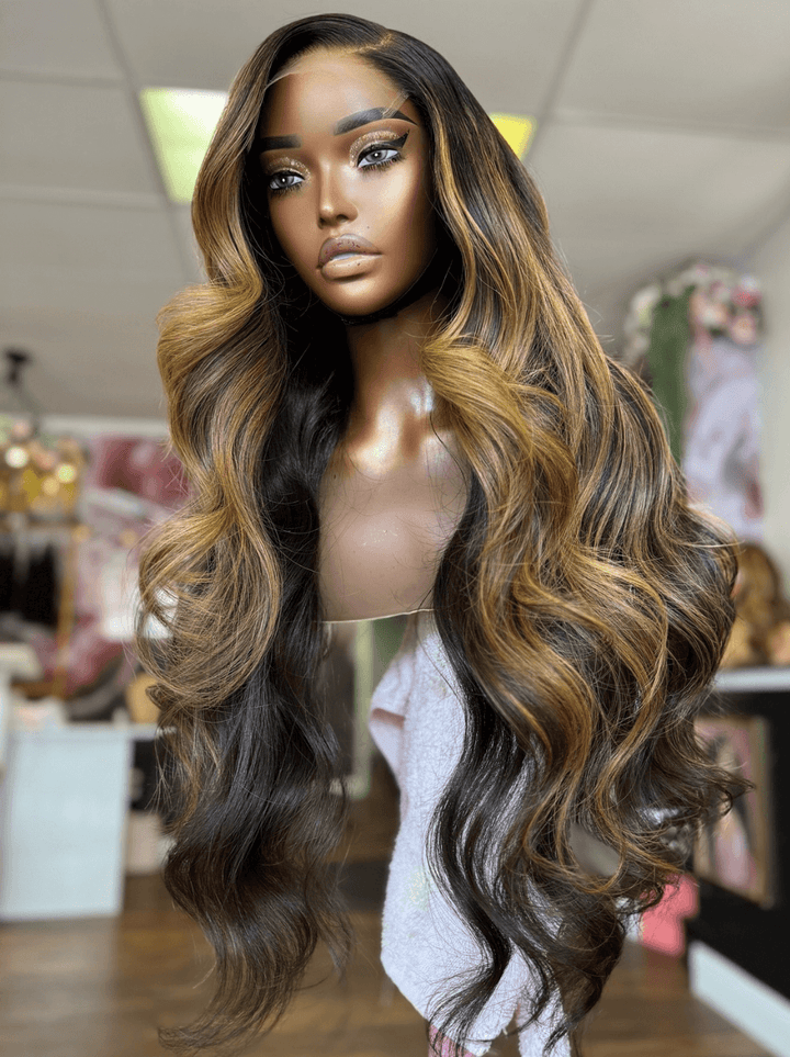 Dorsanee Balayage Black Brown Highlights Body Wave 200 Density Human Hair Wigs