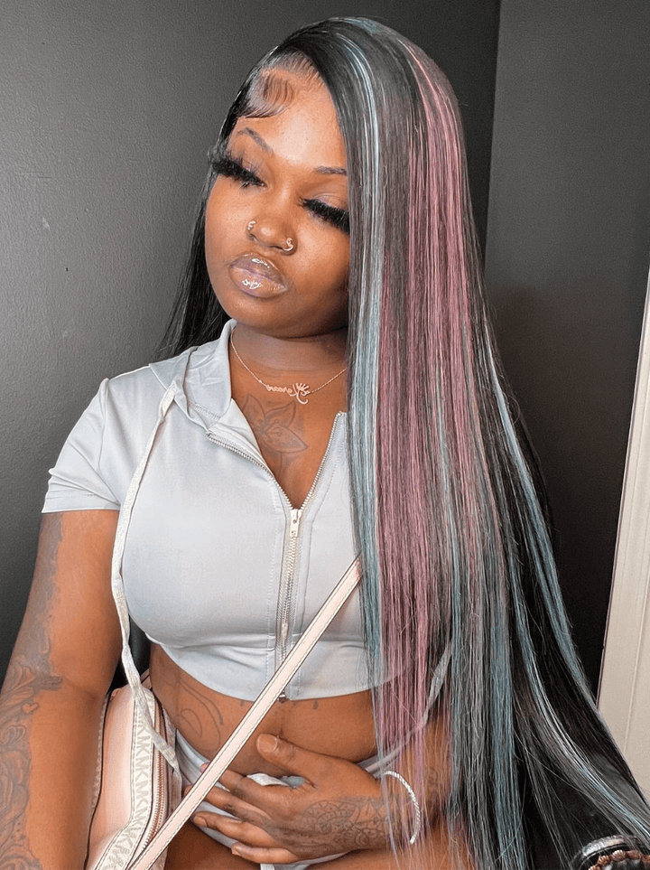 Dorsanee Black With Blue Hot Pink Bone Straight 13x4 Lace Front Human Hair Wigs